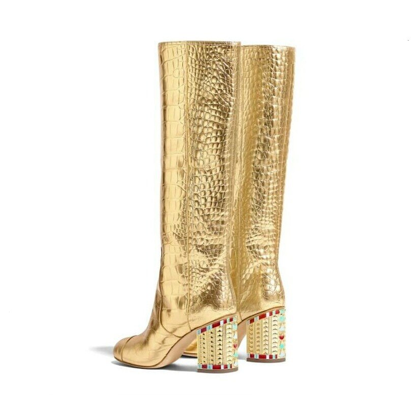 Crocodile Pattern Golden  Knee High  Boots   Leather Shoes