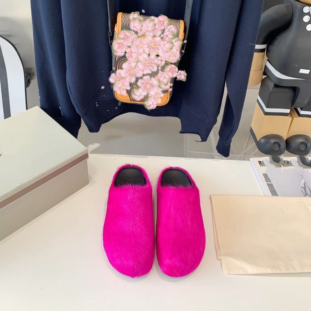 Shoes For Women Long Horse Hair Black Fuchsia Designer Luxury Fur Slippers Leather Casual