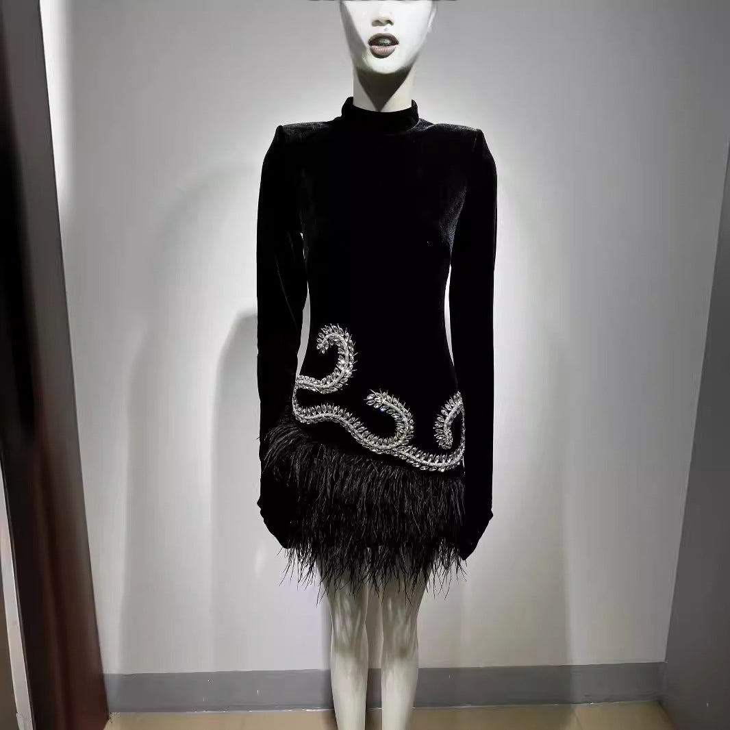Feather Skirt Black Shoulder Padded Short Dress