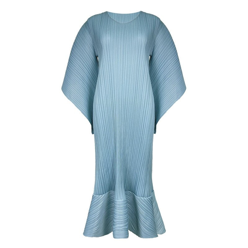 Pleated Dress Women's O-neck Casual Loose Flowy Sleeve 2023 Summer Female New Fashion Solid Color Fish Tail Dresses