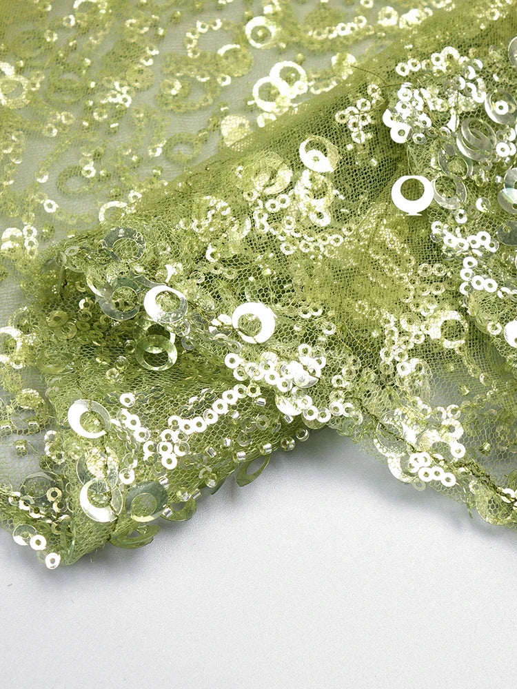 Off shoulder one line collar feather green sequin dress light luxury dinner party dress