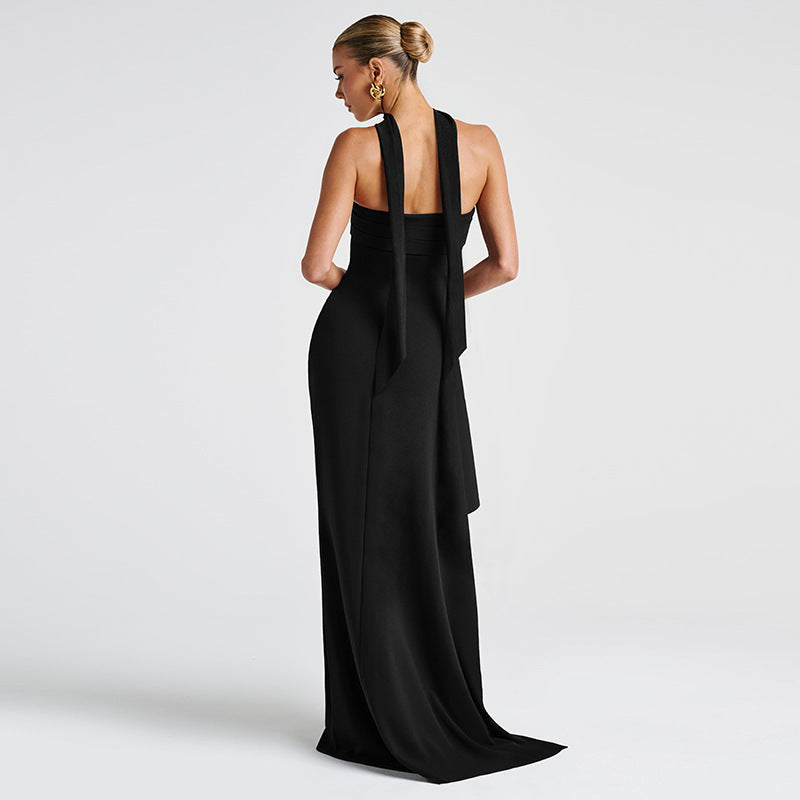 Scarf Neck Fitted Slit Backless Evening Dress  Top