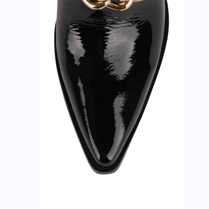 New Punk style western cowboy boots Women's Shoes Thick heel tip Rivet belt buckle Black Patent leather Plus Size