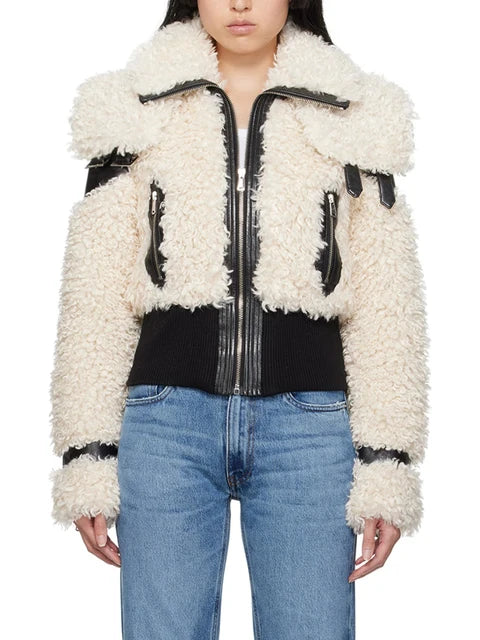 Colorblock Patchwork Leather Jacket For Women Lapel Long Sleeve Spliced Zipper Streetwear Jackets Female Fashion