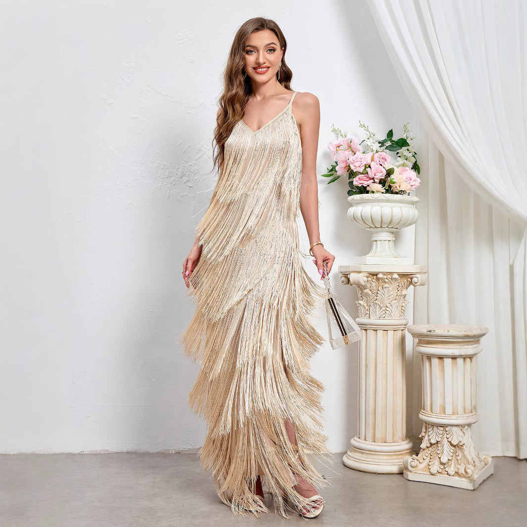 Elegant Sleeveless Evening Gown with Fringe Detail, Sexy Backless Long Dress Party Dress