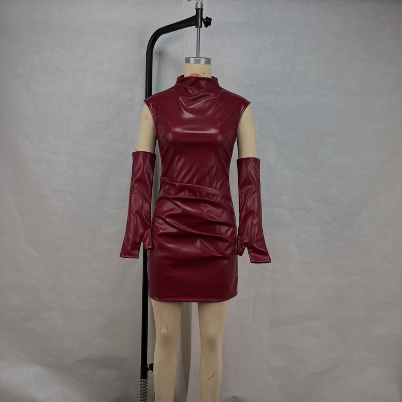 Sleeveless detachable sleeve cover PU leather skirt