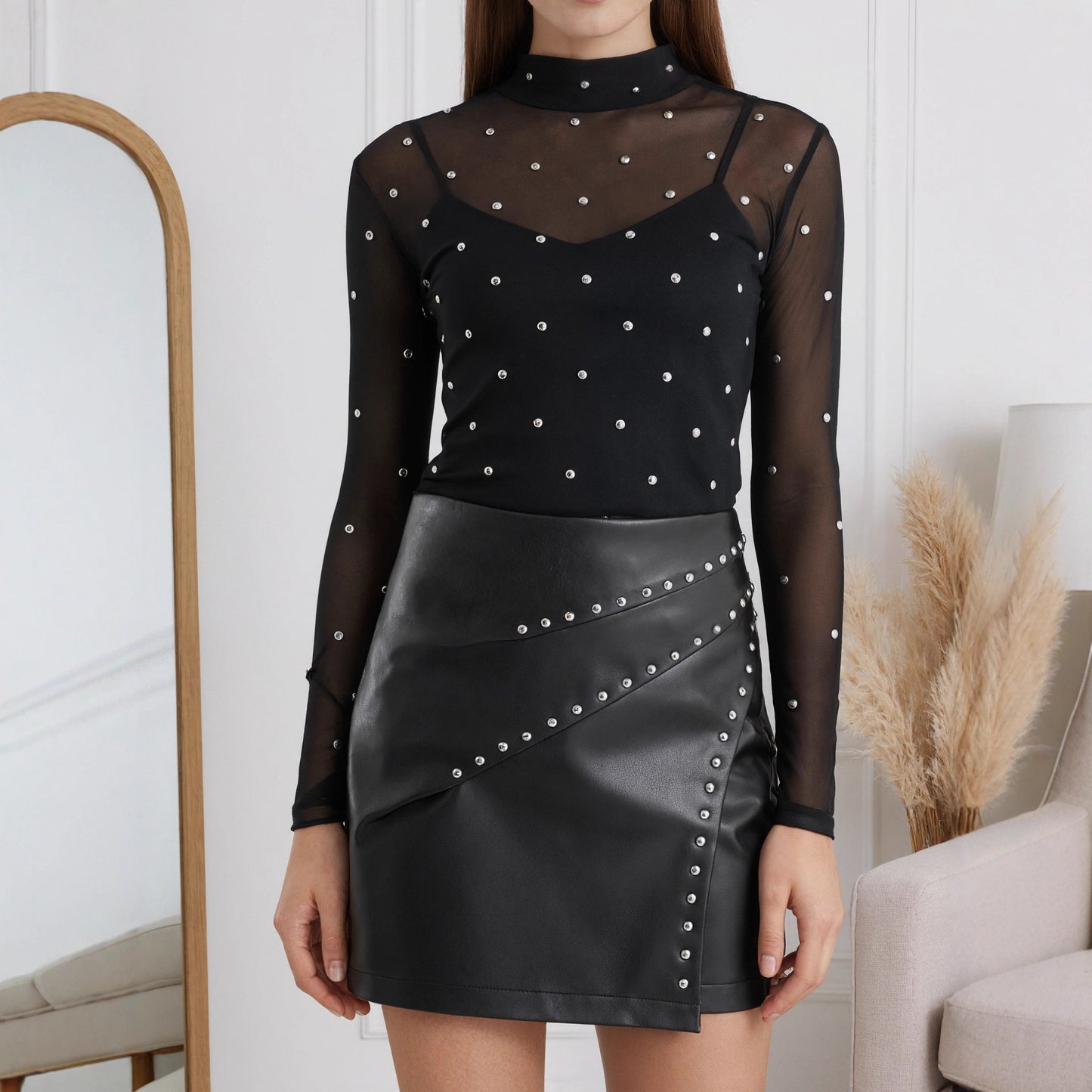 PU leather skirt high waist A-line skirt