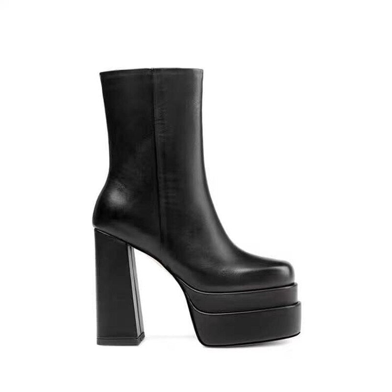 Early Autumn New Leather Square Head Thick High Heels Women's Bare Boots Side Zipper Increased Large 43 Short Boots