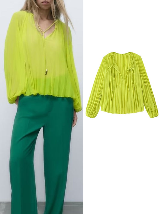 Fashion Women Pleated Blouses Autumn Casual O-neck Loose Tops Vintage Fashion Oversize Long Sleeve T-Shirts