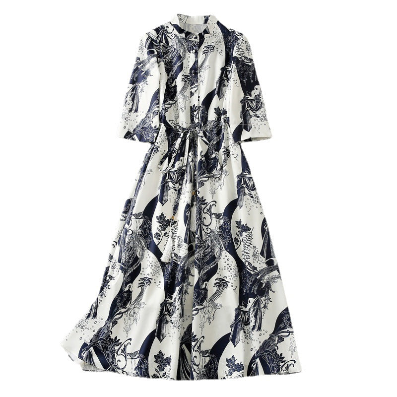 Tingfly Women Fashion Vintage Floral Print Shirt Dresses Drawstring Waist with Tassel Belt Lady Office Work Dress Midi Long Robe