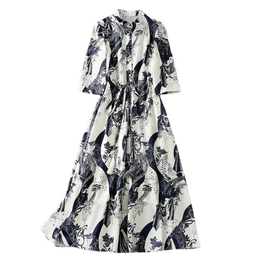 Tingfly Women Fashion Vintage Floral Print Shirt Dresses Drawstring Waist with Tassel Belt Lady Office Work Dress Midi Long Robe
