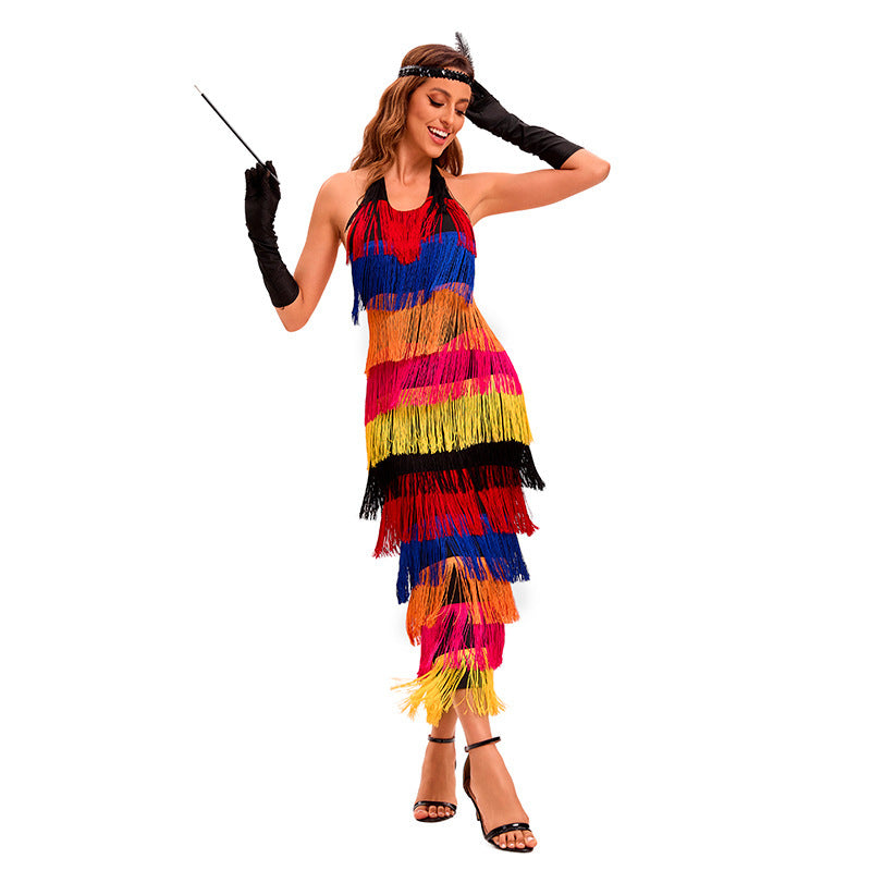 Peacock Dance Women's Bohemia Rainbow Tassel Dress, Sexy Backless Evening Gown for Stage Performance
