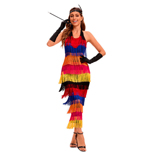 Peacock Dance Women's Bohemia Rainbow Tassel Dress, Backless Evening Gown for Stage Performance