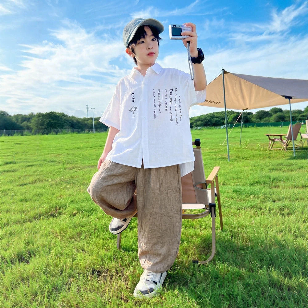 Boy's Short Sleeve Shirt Set, Casual Long Pants
