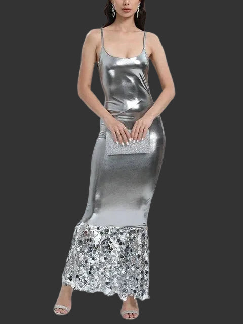 Solid Slimming Sexy Dress For Women Square Collar Sleeveless High Waist Patchwork Sequins Camisole Dresses Female
