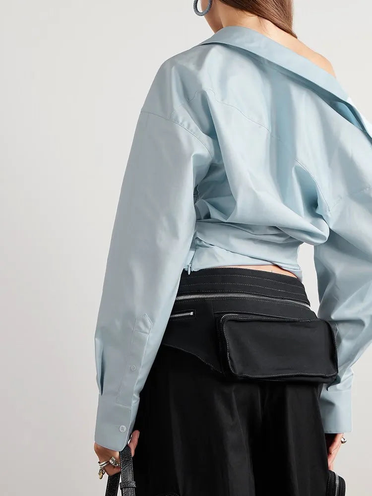 Solid Casual Patchwork Button Blouse For Women Lapel Long Sleeve Irregular Designer Blouses Female Fashion Style