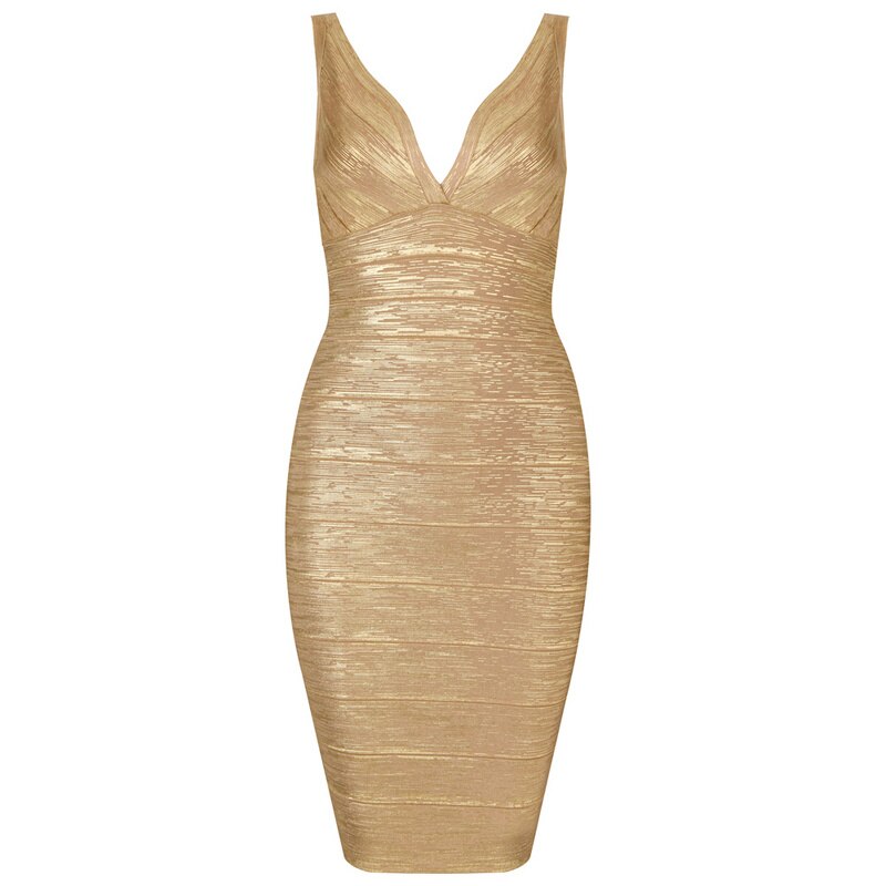 Gold Black Red Green Foil Print Bandage Dresses Women's Sleeveless V Neck Evening Party Dress
