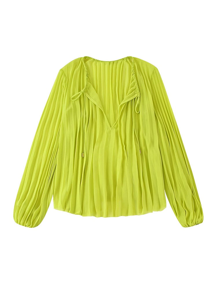 Fashion Women Pleated Blouses Autumn Casual O-neck Loose Tops Vintage Fashion Oversize Long Sleeve T-Shirts