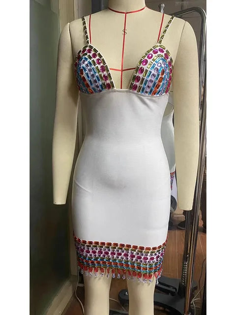 Sexy Strap V Neck Colorful Crystal Bandage Dress Women Black Sleeveless Diamonds Bodycon Dresses Nightclub Party Evening Gowns