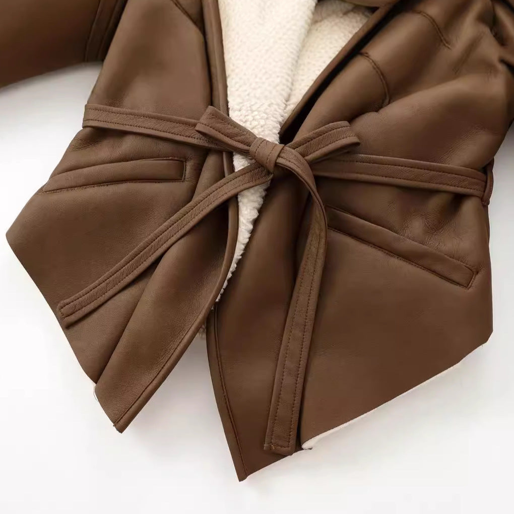 European and American style women's clothing new French waist cinching slimming suede leather jacket with tie up jacket