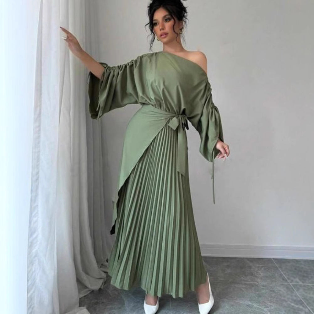 Pleated Flared Hem Evening Dress with Waistband for Women
