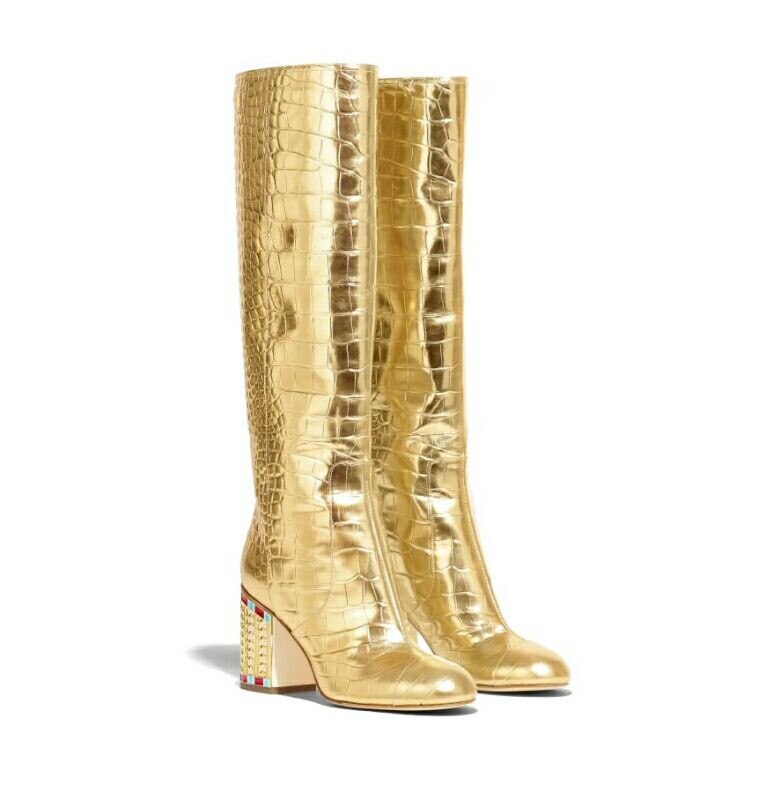 Crocodile Pattern Golden  Knee High  Boots   Leather Shoes