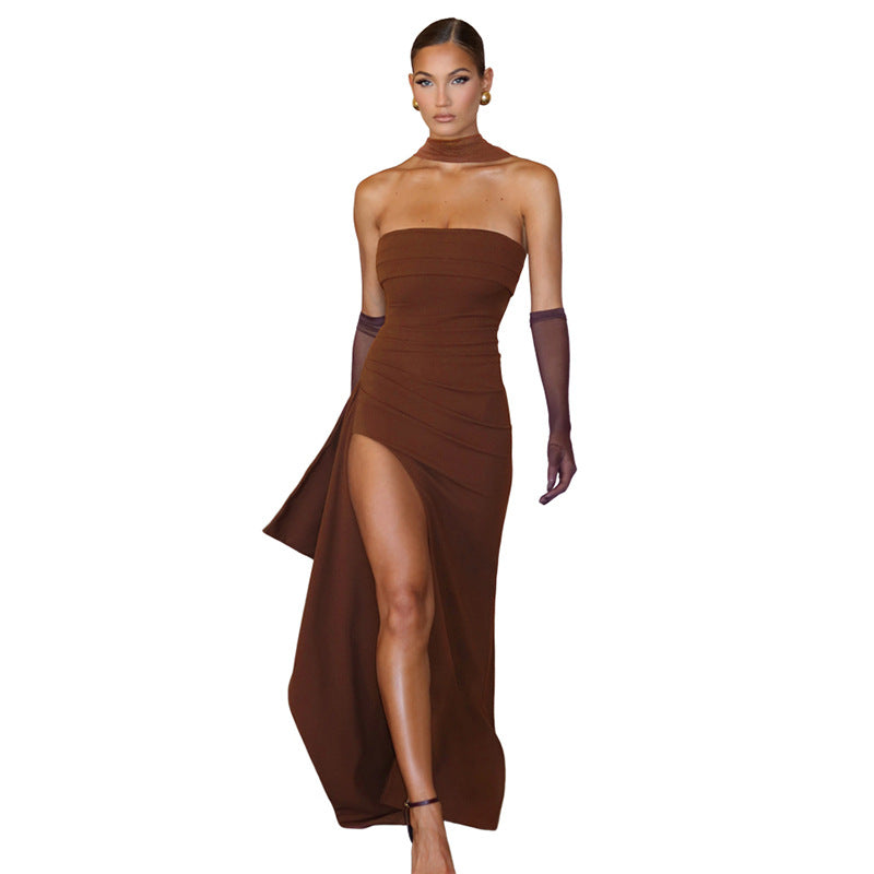 Scarf Neck Fitted Slit Backless Evening Dress  Top