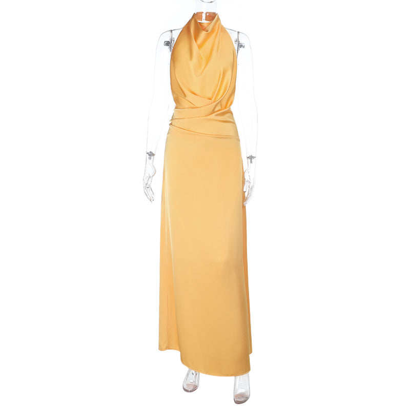 Halter Neck Satin Sexy Backless Evening Dress Women's Long Gown