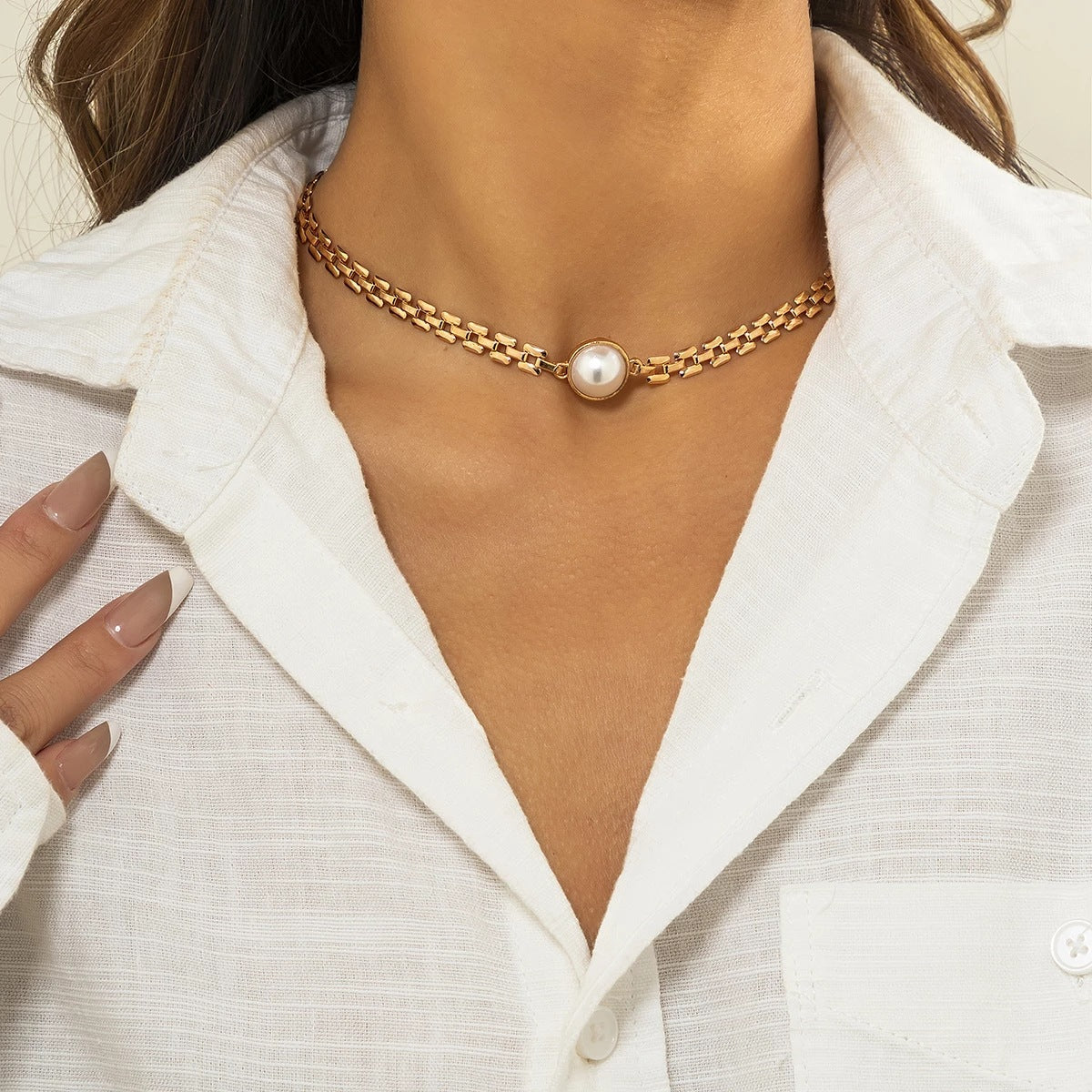 Pearl Necklace Geometric Metal Chain