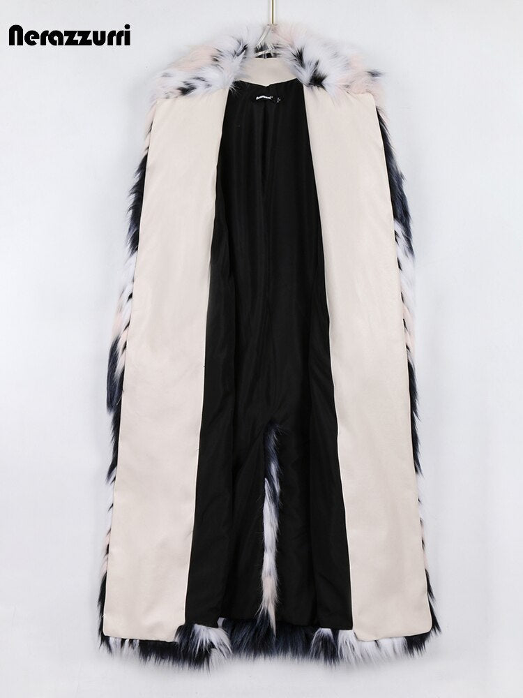 Nerazzurri Winter Long Colorful Leather Patchwork Faux Fur Coat Women Stylish Thick Warm Hairy Shaggy Fluffy Furry Overcoat