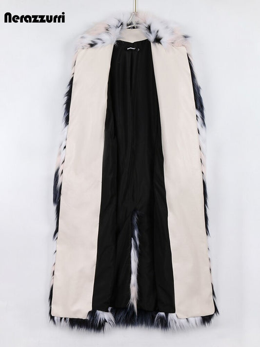 Nerazzurri Winter Long Colorful Leather Patchwork Faux Fur Coat Women Stylish Thick Warm Hairy Shaggy Fluffy Furry Overcoat