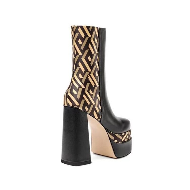 Early Autumn New Leather Square Head Thick High Heels Women's Bare Boots Side Zipper Increased Large 43 Short Boots