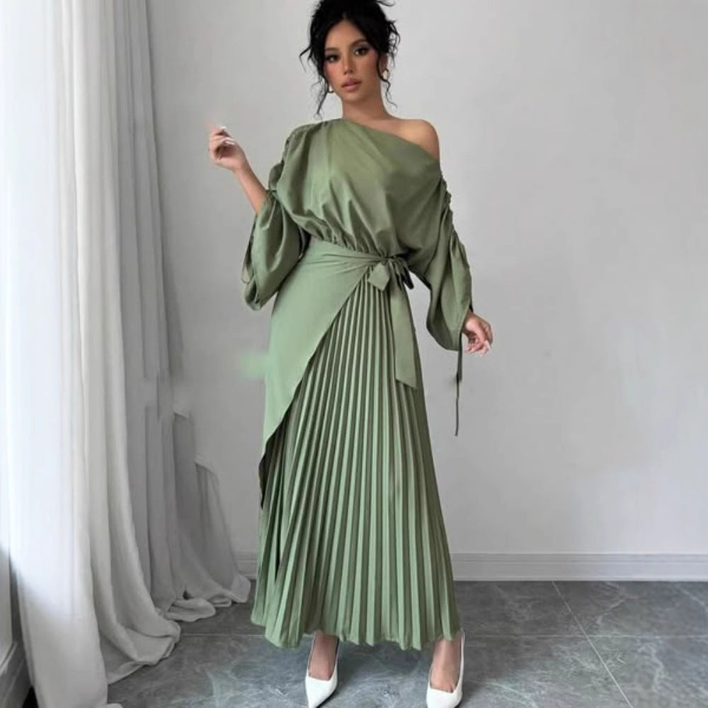 Pleated Flared Hem Evening Dress with Waistband for Women