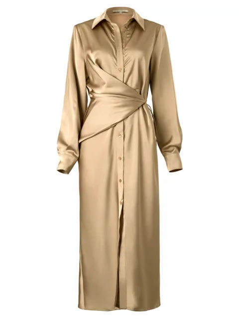 Fashion Designer Bandage Long Sleeve Dresses For Women Single Breasted Slim Maxi Dress