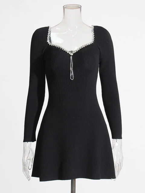 Solid Pattchwork Diamonds Slimming Dresses For Women V Neck Long Sleeve Hollow Out Sexy Mini Bodycon Dress Female