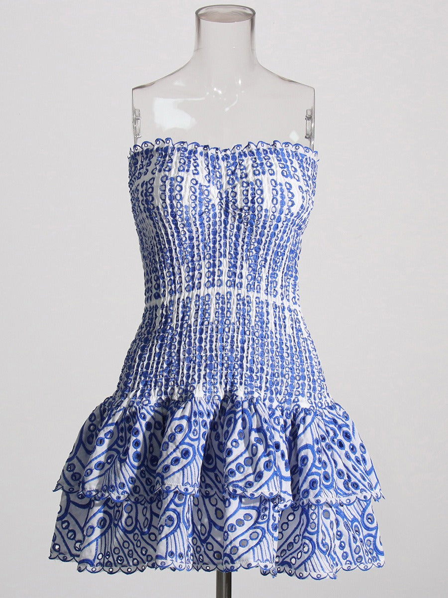 Embroidery Dress For Women Strapless Sleeveless High Waist Patchwork Folds Slimming Dresses