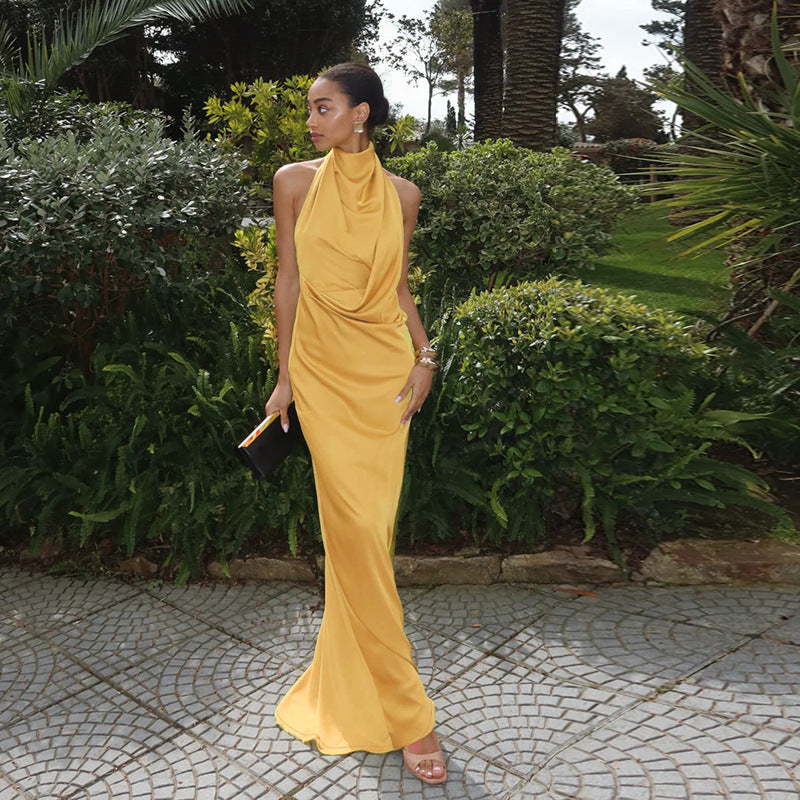 Halter Neck Satin Sexy Backless Evening Dress Women's Long Gown