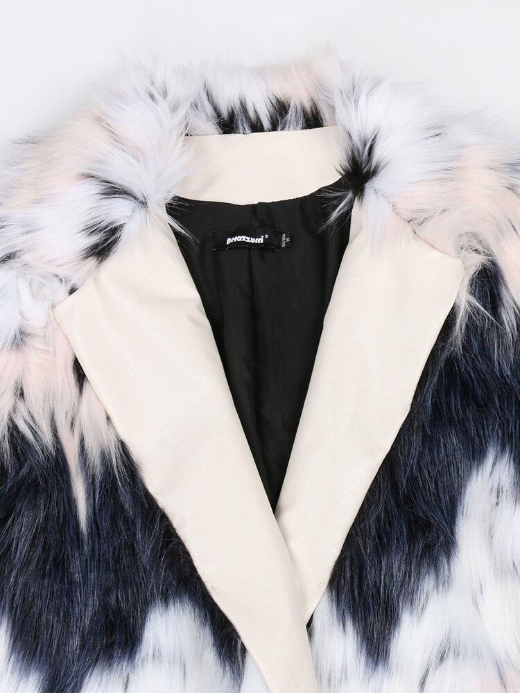 Nerazzurri Winter Long Colorful Leather Patchwork Faux Fur Coat Women Stylish Thick Warm Hairy Shaggy Fluffy Furry Overcoat