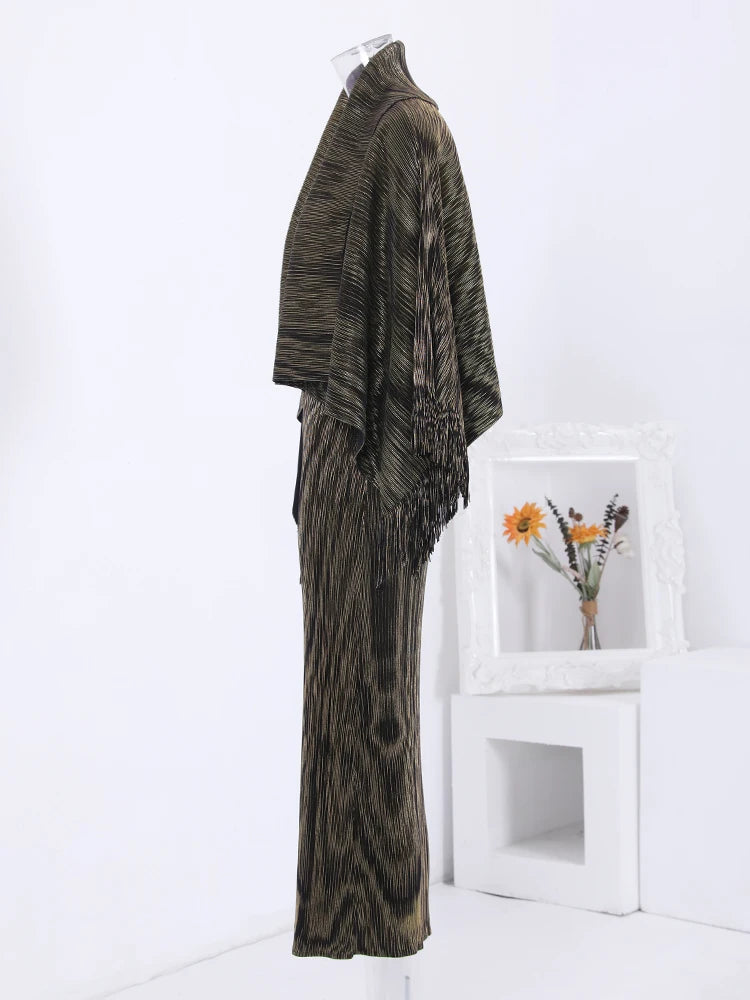 High End Pleated 2 Piece Set Women Tassel Irregular Shawl Sleeveless Long Dresses Elegant Party  Spring New