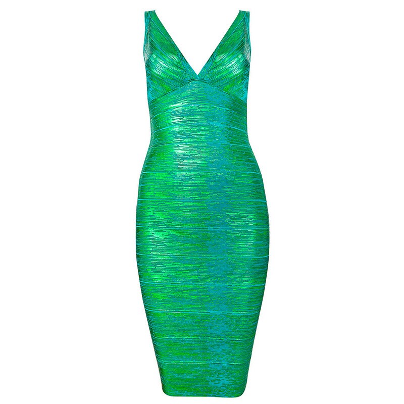 Gold Black Red Green Foil Print Bandage Dresses Women's Sleeveless V Neck Evening Party Dress