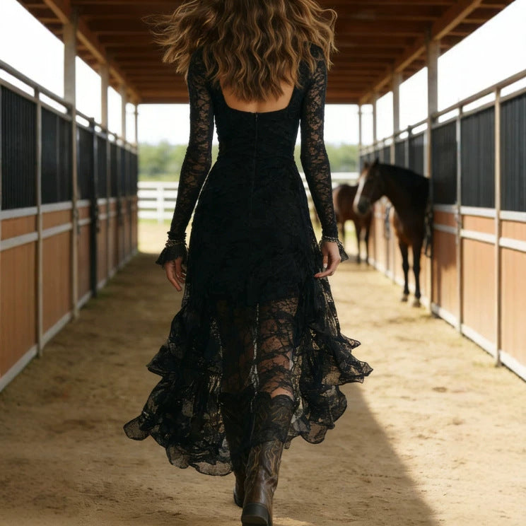 ElegantSolid Color Lace Panel High-Waisted Long Sleeve Square Neck Long Dress