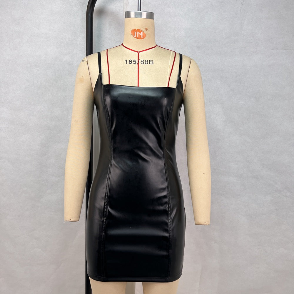 Off shoulder leather skirt