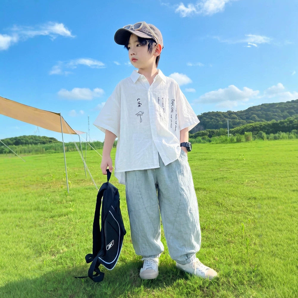 Boy's Short Sleeve Shirt Set, Casual Long Pants