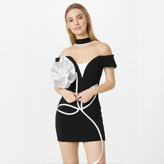 Sexy Off Shoulder 3D Flower Bandage Mini Dress Women Black Bodycon Short Dresses Fashion Cocktail Party Club Lady Vestido