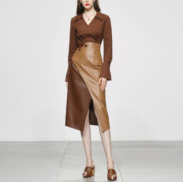 Two-Piece Brown Leather Skirt