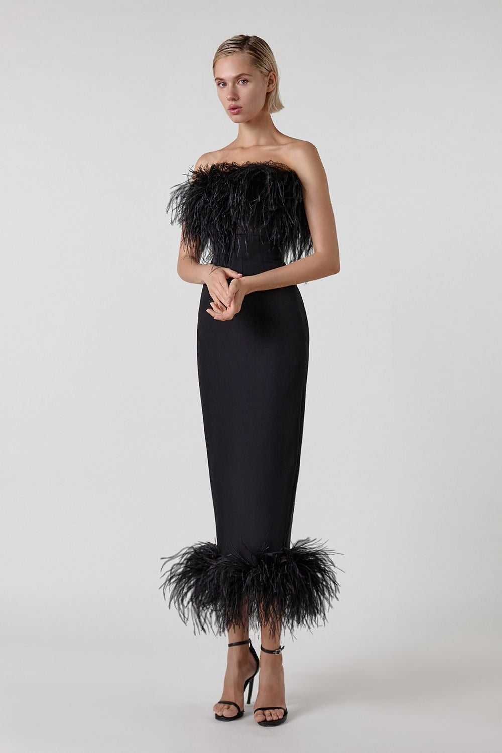 Patchwork Feathers Dresses For Women Strapless Sleeveless High Waist Tunic Slimming Solid Elegant Dress