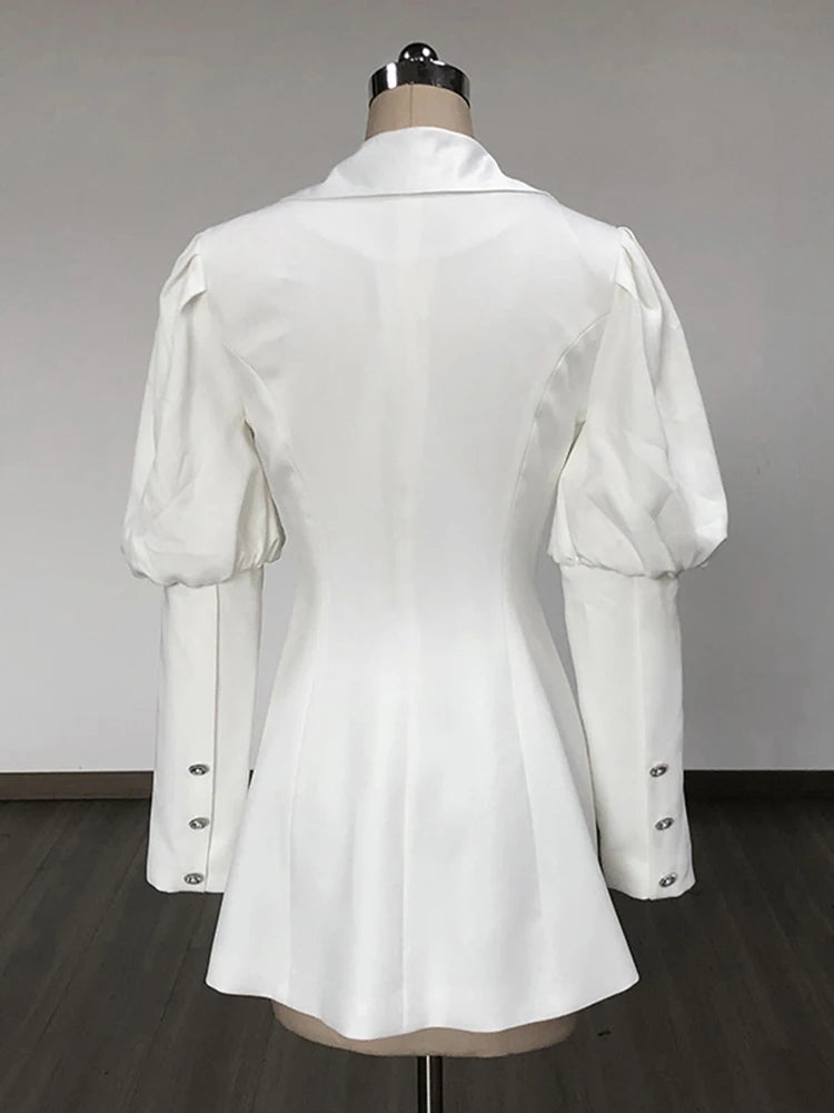 Spliced Button Solid Dresses For Women V Neck Lantern Sleeve Tunic Temperament Chic Elegant Dress Female Fashion
