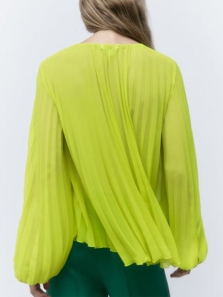 Fashion Women Pleated Blouses Autumn Casual O-neck Loose Tops Vintage Fashion Oversize Long Sleeve T-Shirts