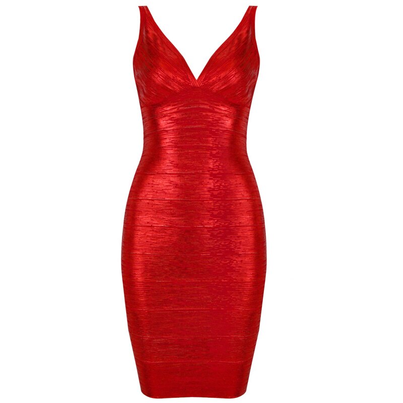 Gold Black Red Green Foil Print Bandage Dresses Women's Sleeveless V Neck Evening Party Dress