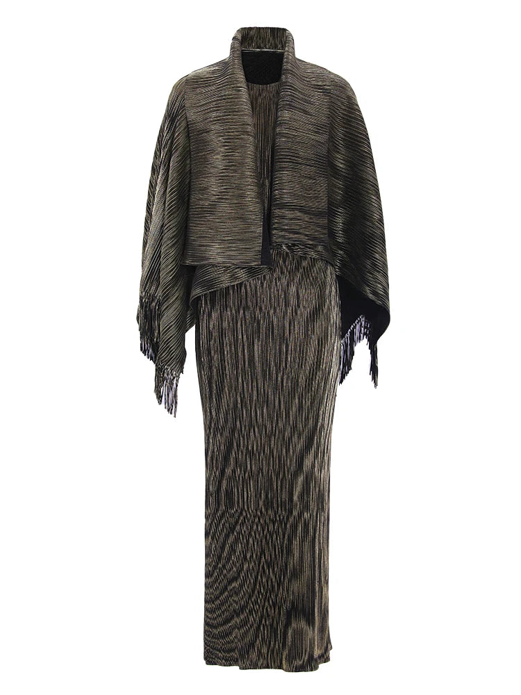 High End Pleated 2 Piece Set Women Tassel Irregular Shawl Sleeveless Long Dresses Elegant Party  Spring New
